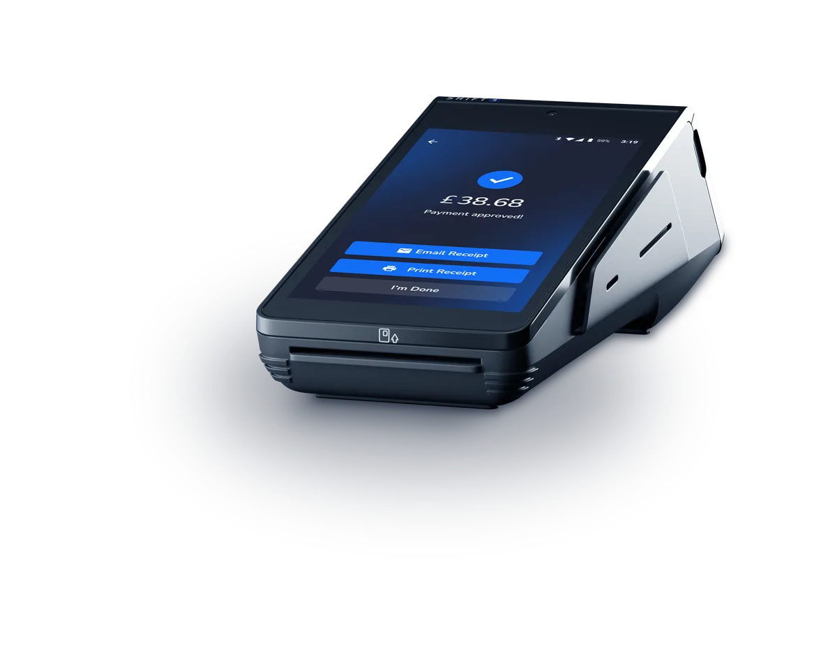 Shift4 handheld card machine showing a £38.68 approved contactless payment with email and print receipt options