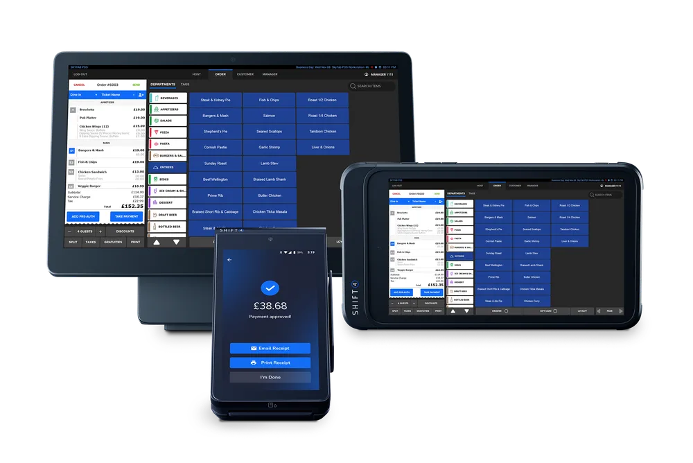 Shift4 POS hardware line-up with UK menus — workstation, handheld and tablet