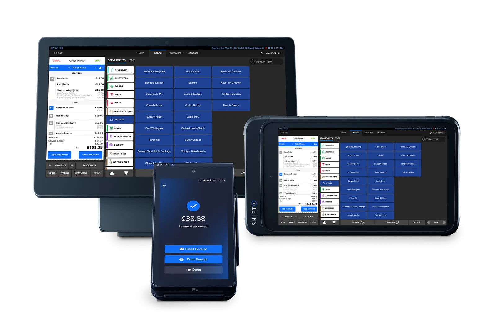 Shift4 POS hardware line-up: workstation, handheld card machine and tablet running Shift4 Dine with UK menus